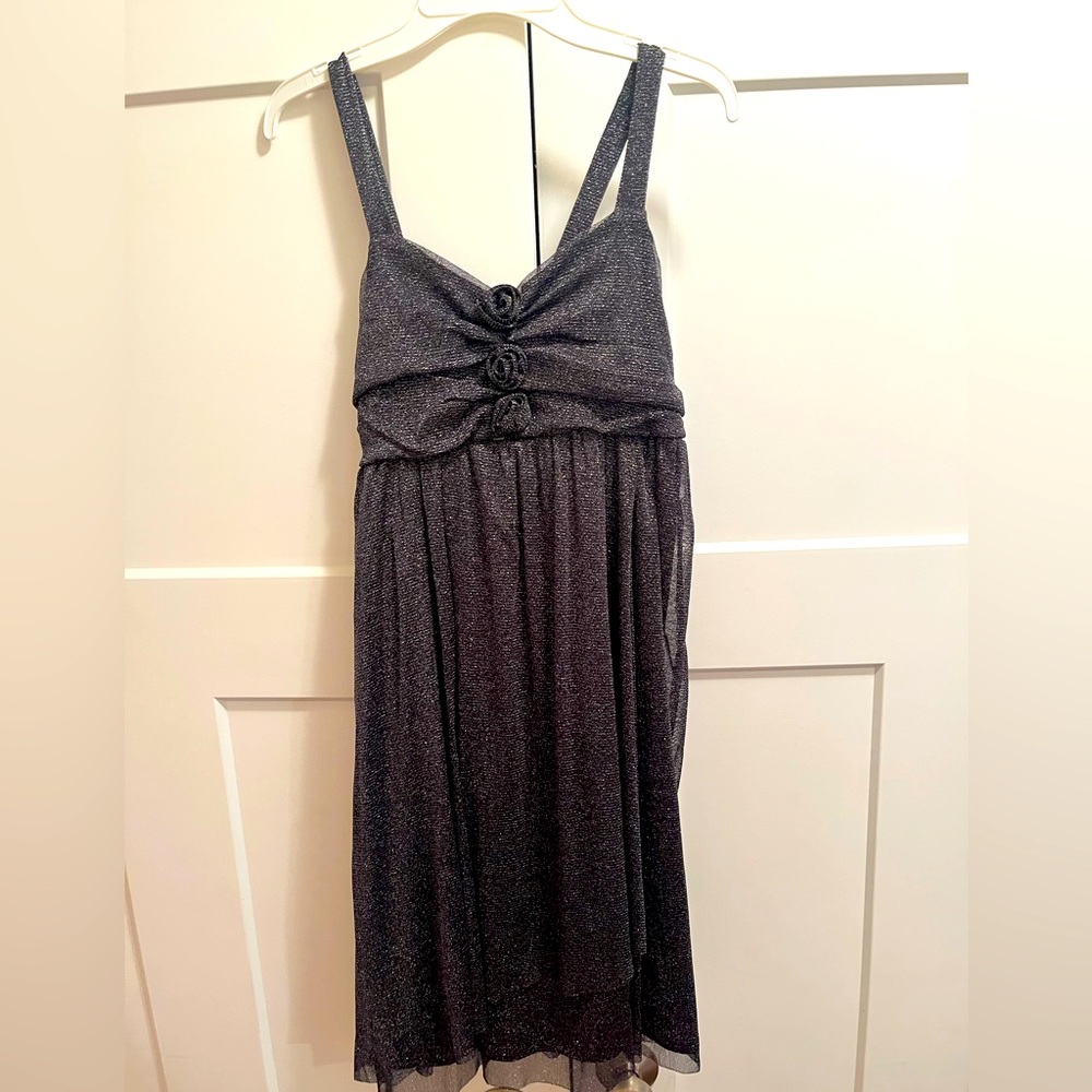 Girls black dress 16 tie back stretchy fabric shimmer sleeveless